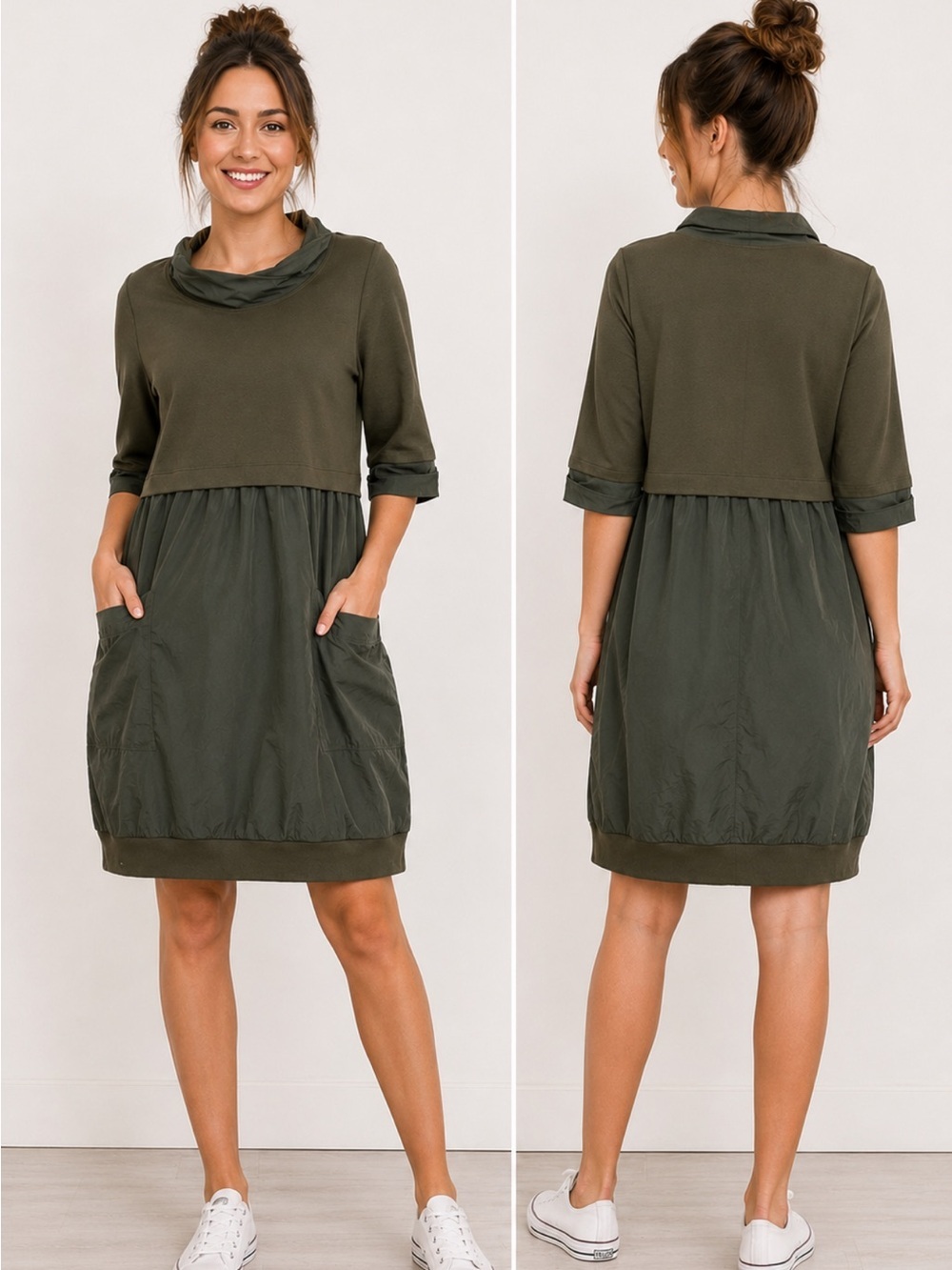 Paquito Italy Army Green Mock Neck 1/2 Sleeve Dress with Nylon feel.